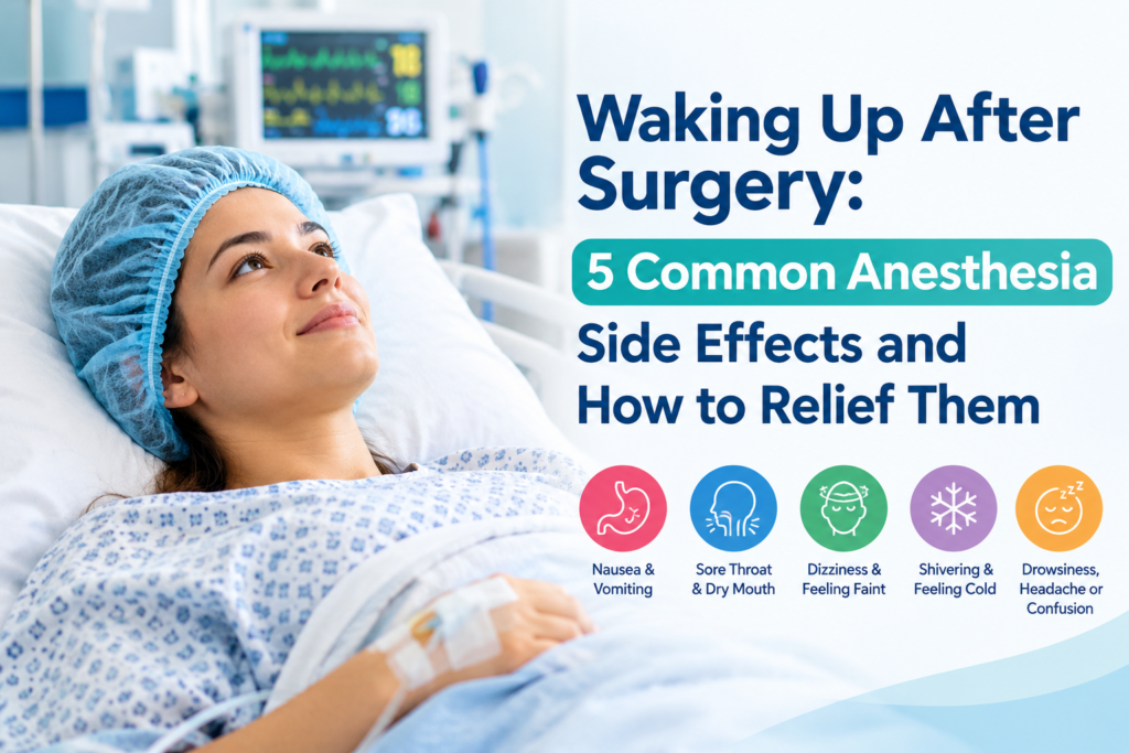 Woman waking up after surgery with common anesthesia side effects including nausea, sore throat, dizziness, shivering, and drowsiness